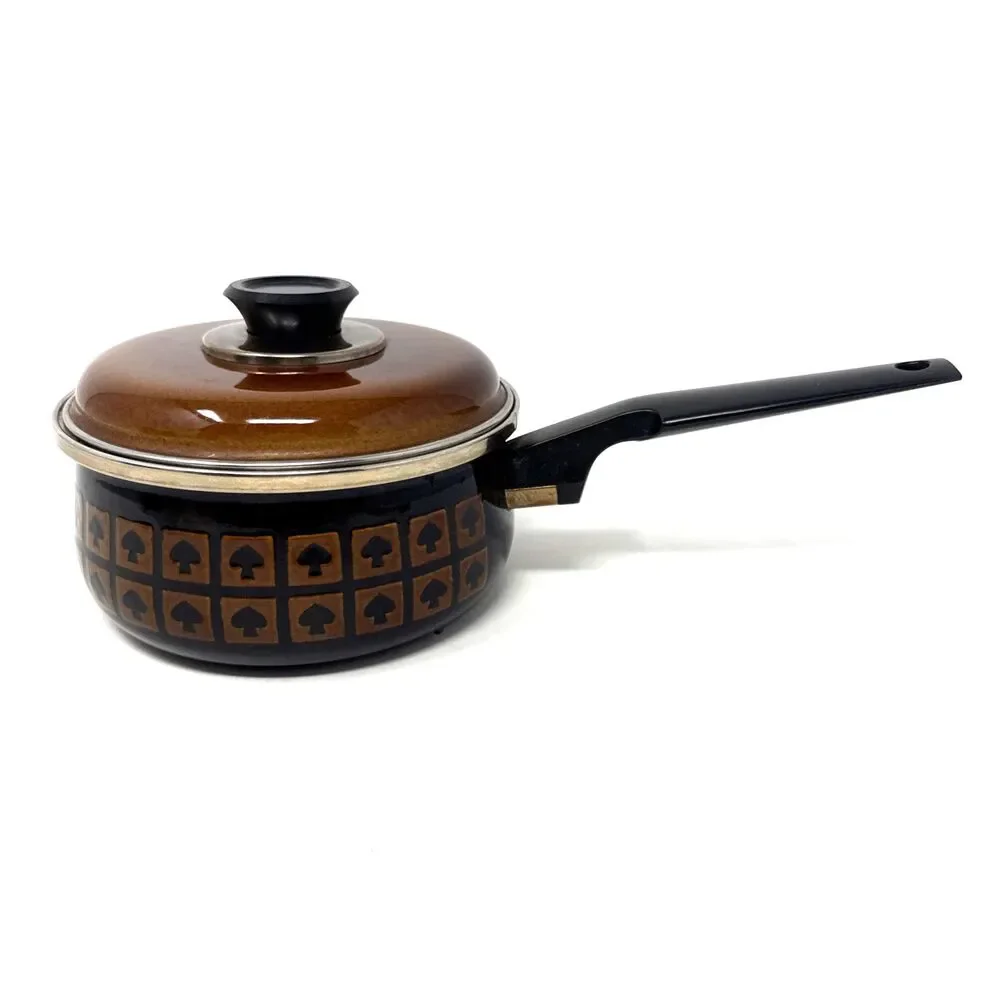 VTG West Bend Le Provencal Enamelware 1.5 Qt Sauce Pan Lid Brown Spade Mushroom